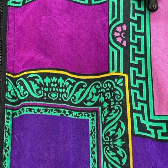 Vintage 90s Rafael Satin Jacket L Purple Teal Geometric Print Retro Statement - Picture 3 of 7